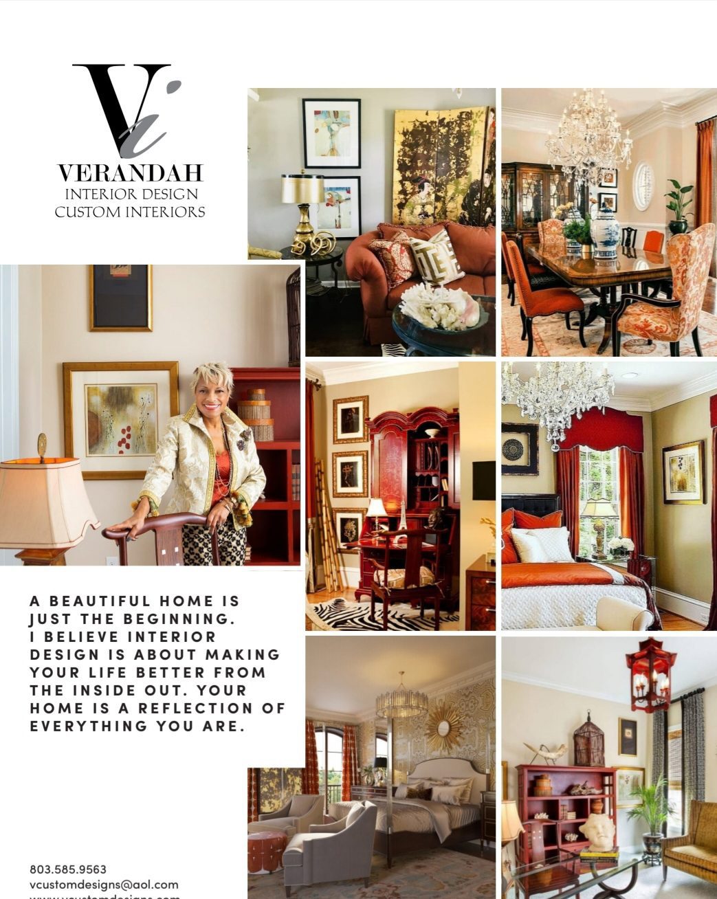 Collage of elegant home interiors with a woman standing beside a chair, showcasing various decorated rooms, lighting fixtures, and furniture. Text highlights Verandah Interior Design services.