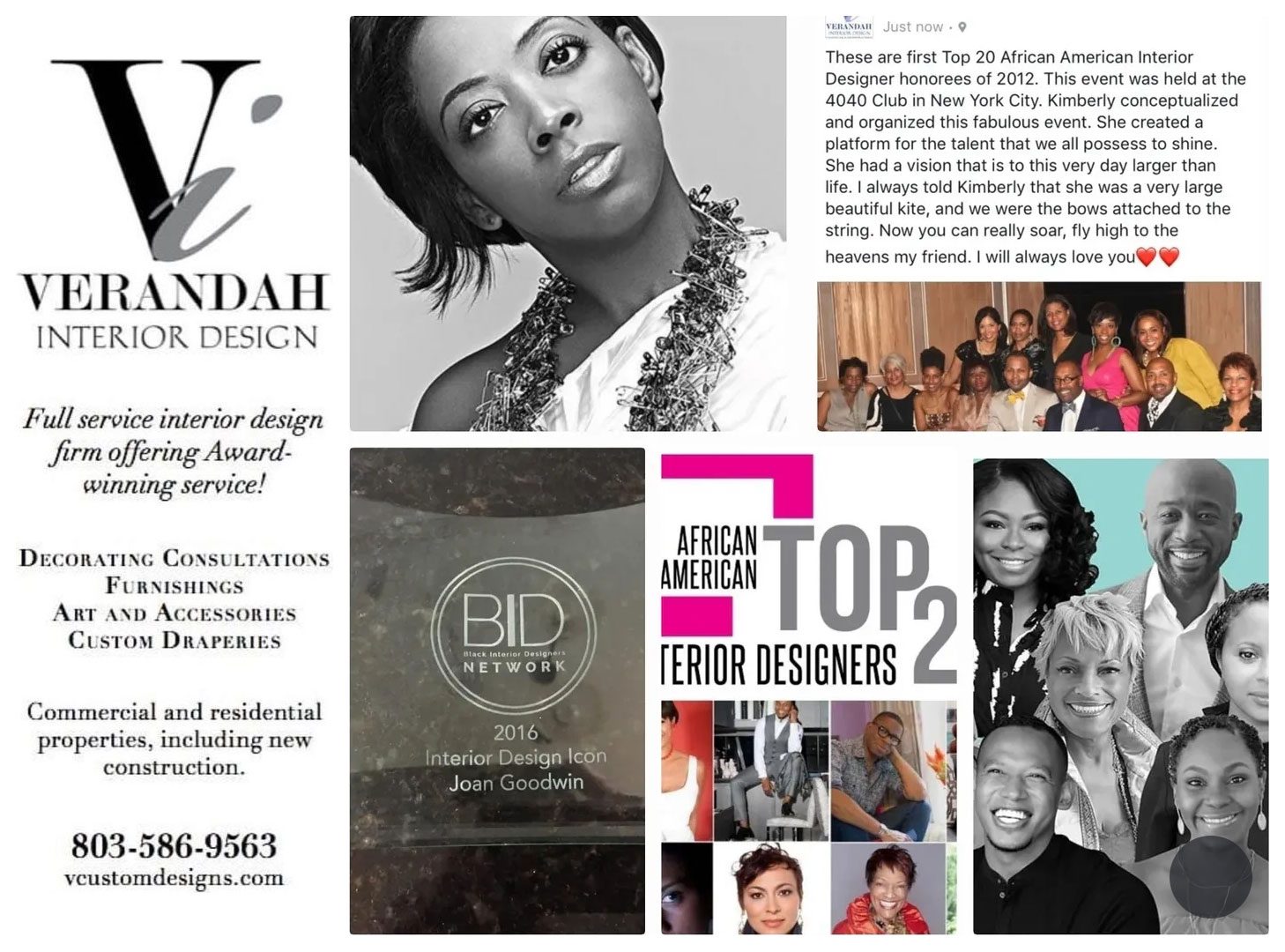 A collage featuring Verandah Interior Design’s logo, award mentions, contact info, a grayscale portrait of a woman, and images highlighting top African American interior designers.